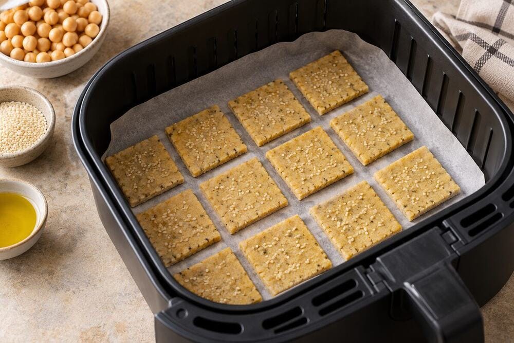 Crackers de garbanzo y sésamo recién cocinados