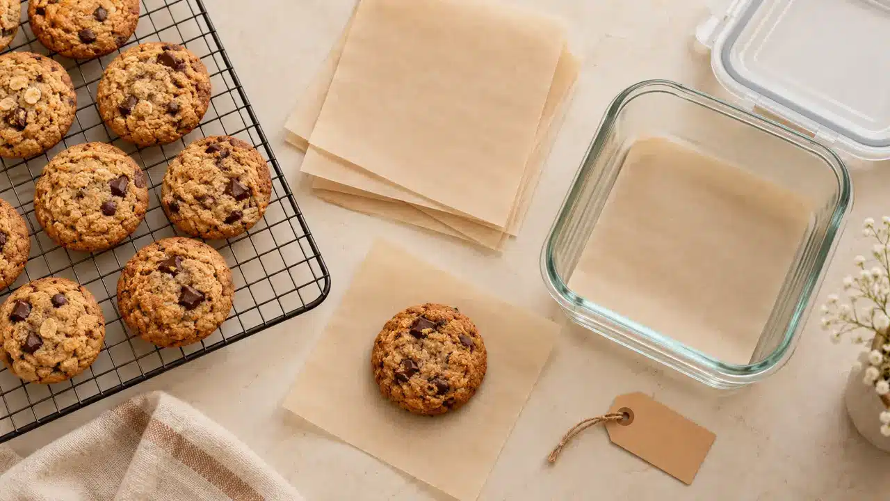Galletas sin gluten frías preparadas para guardar en un recipiente hermético