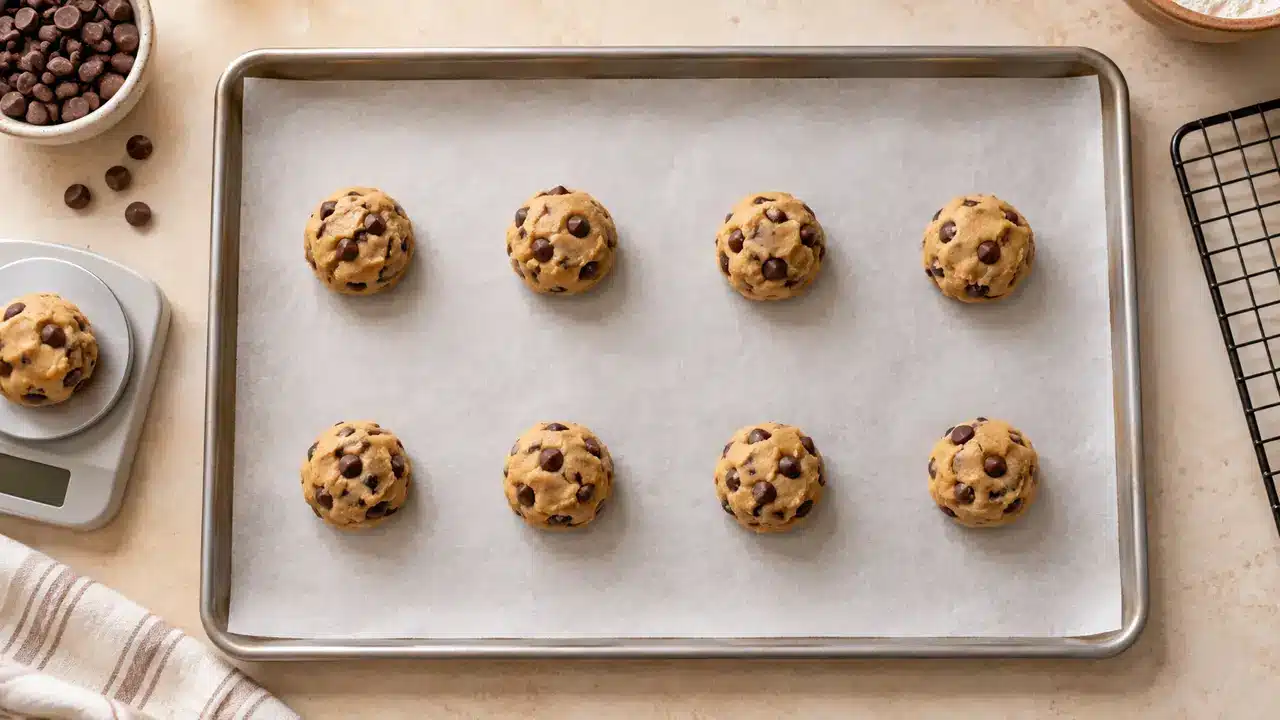 Porciones de masa de galletas sin gluten separadas sobre una bandeja fría