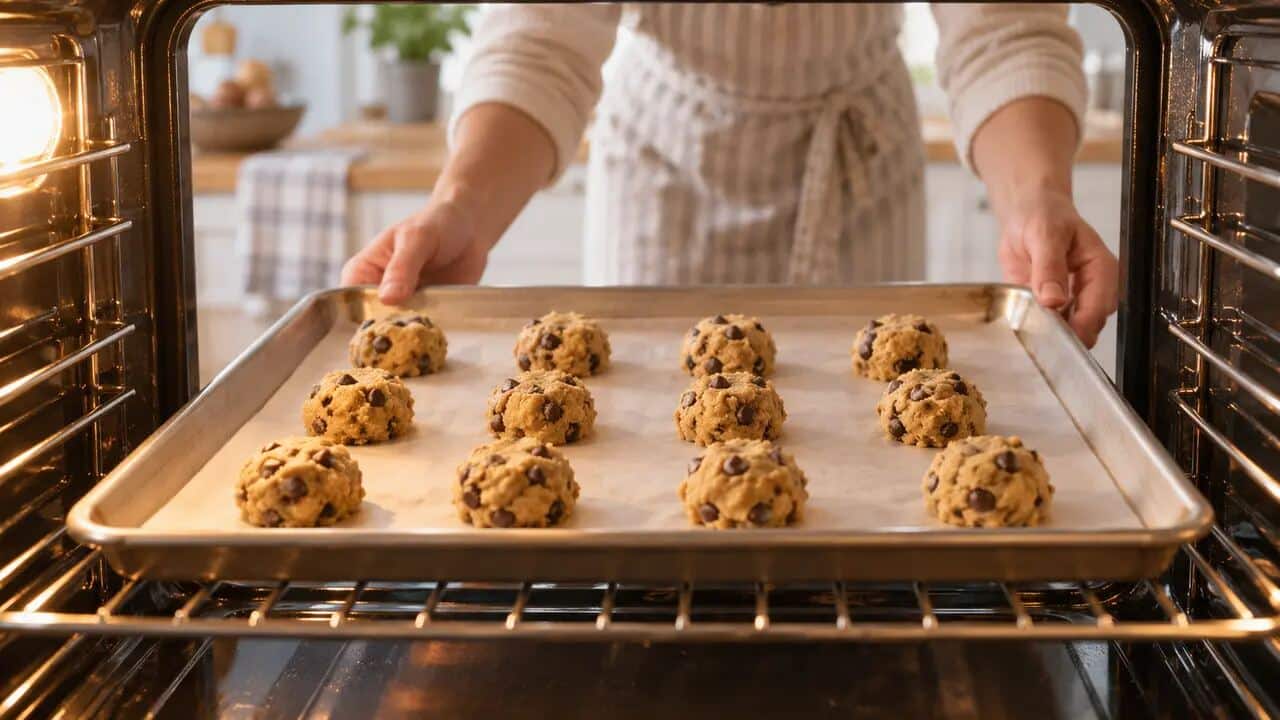 Bandeja de porciones de masa de galletas sin gluten entrando en el horno