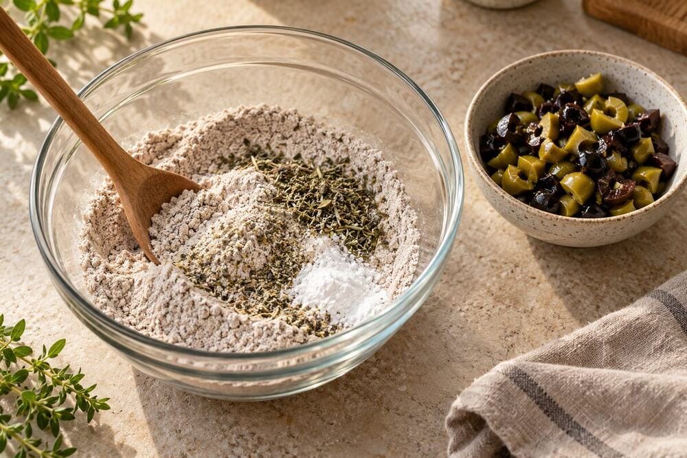 Mezcla de harinas, aceitunas negras y orégano para las galletas