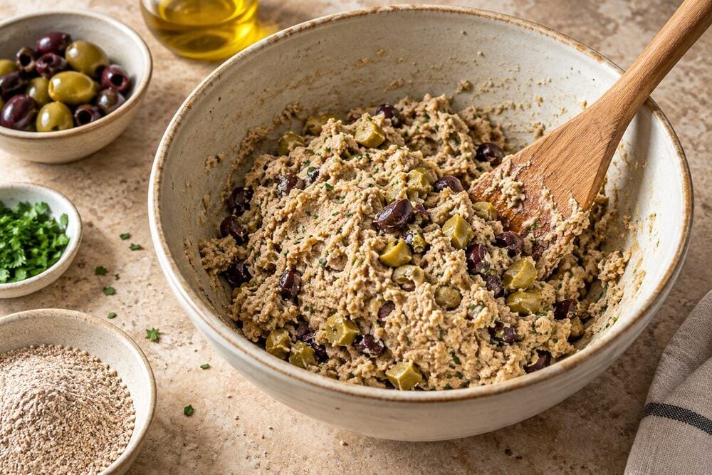 Masa de trigo sarraceno y aceitunas con aceite y agua