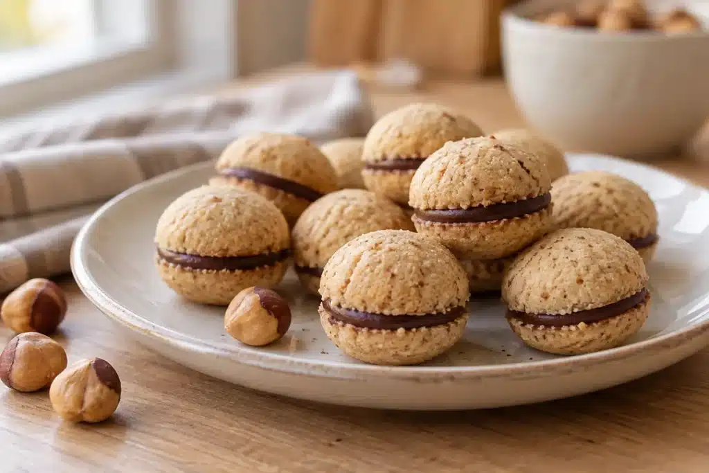 Baci di dama sin gluten de avellana y chocolate listas para servir