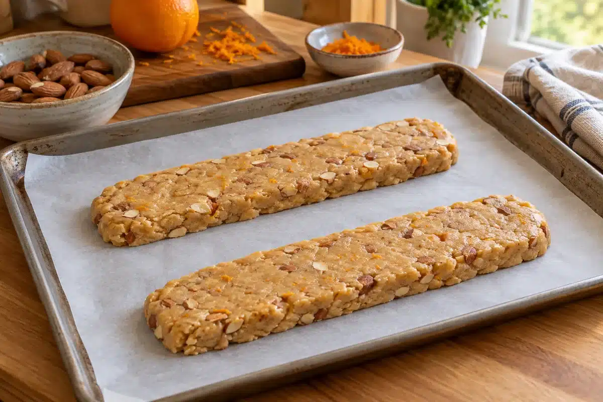 Dos barras de masa de biscotti separadas sobre la bandeja