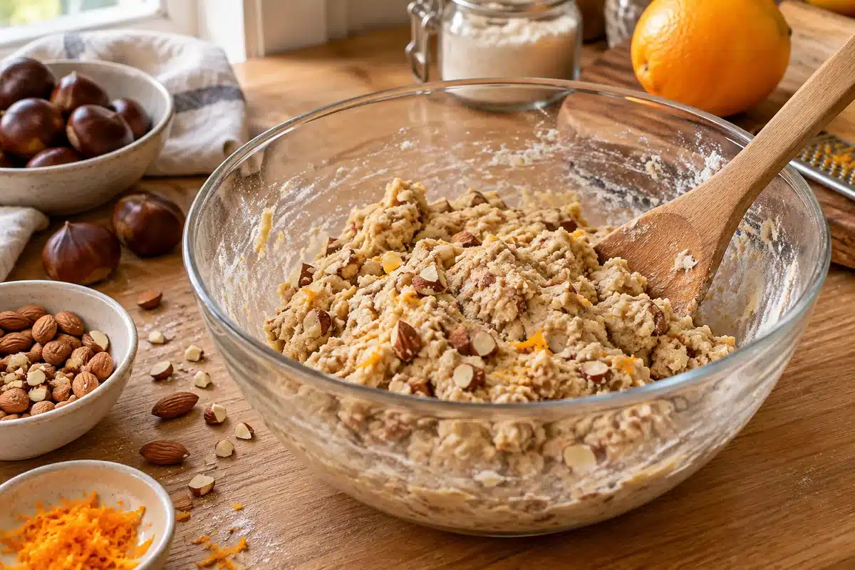 Masa de biscotti con harina de castaña, almendras y ralladura de naranja