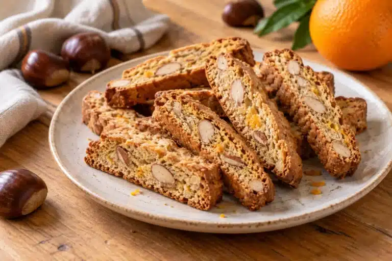 Biscotti de castaña y naranja con almendras después del doble horneado