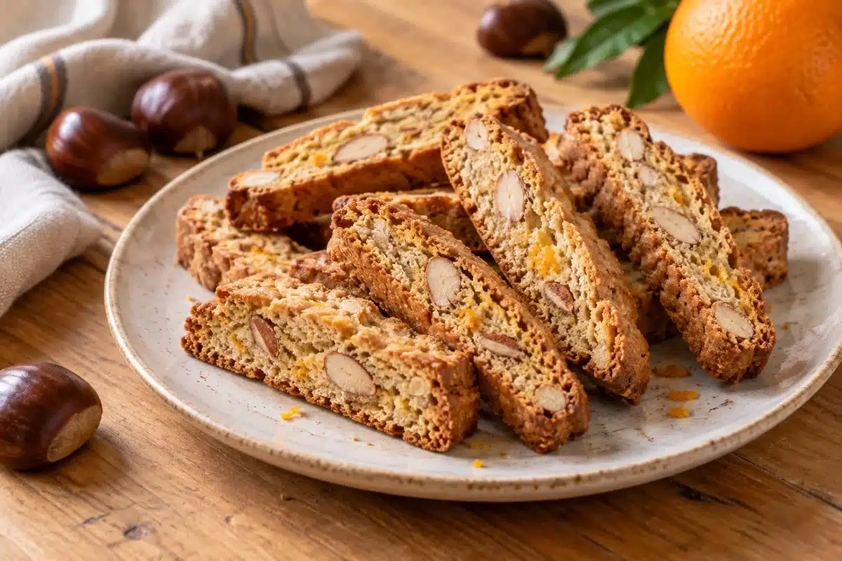 Biscotti de castaña y naranja con almendras después del doble horneado