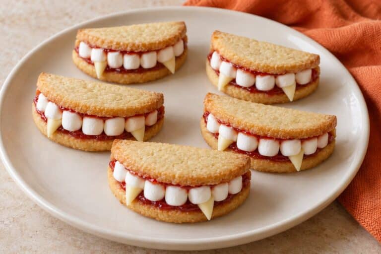 Galletas semicirculares con mermelada, dientes de nubes y colmillos de chocolate blanco