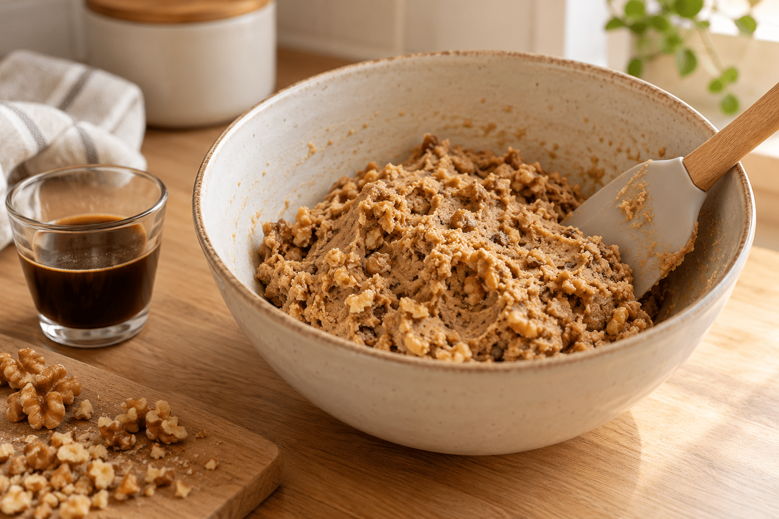 Masa de café y nueces mezclada en un cuenco antes de formar el cilindro