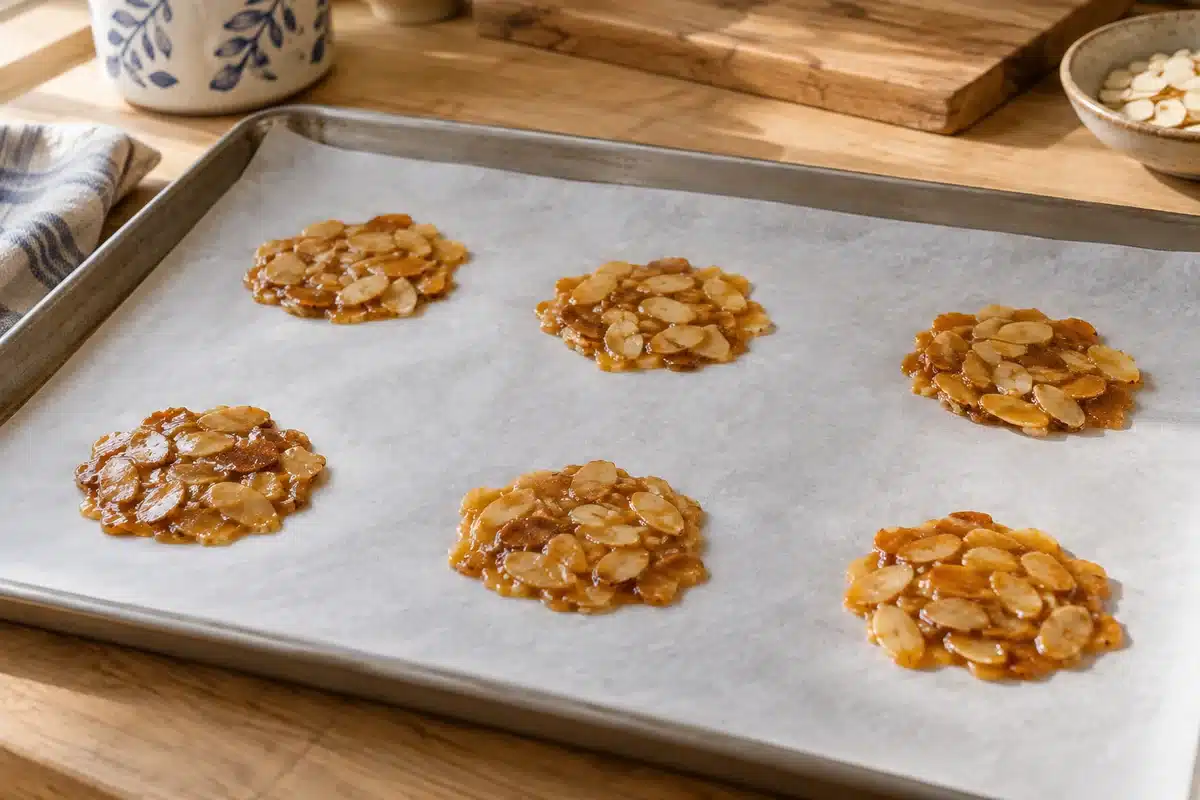 Porciones finas de almendra y caramelo muy separadas sobre papel de horno