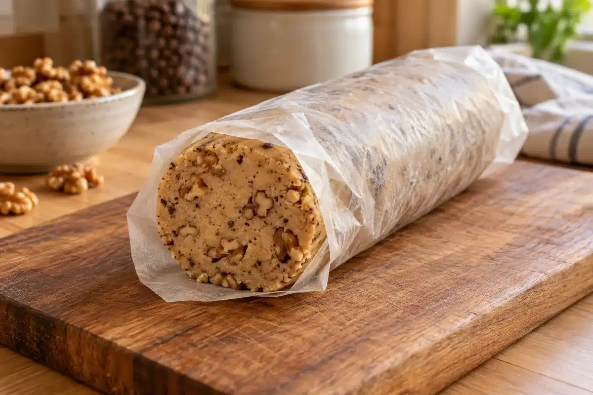 Cilindro de masa de café y nueces envuelto en papel de horno