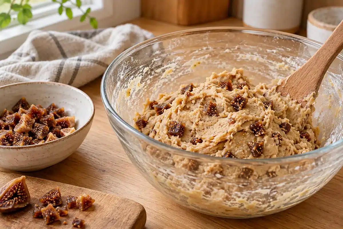 Masa de harina de castaña con dados pequeños de higos secos