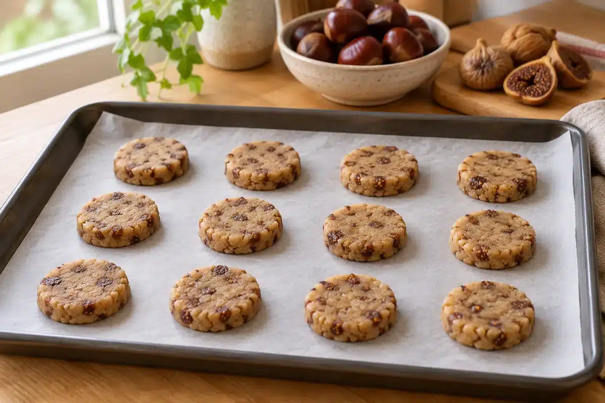 Discos crudos de galletas de castaña e higos preparados para hornear