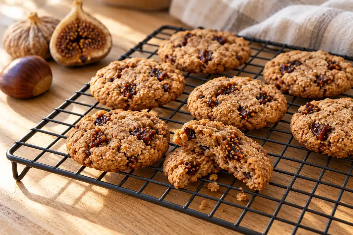 Galletas de castaña e higos horneadas sobre rejilla con una pieza abierta