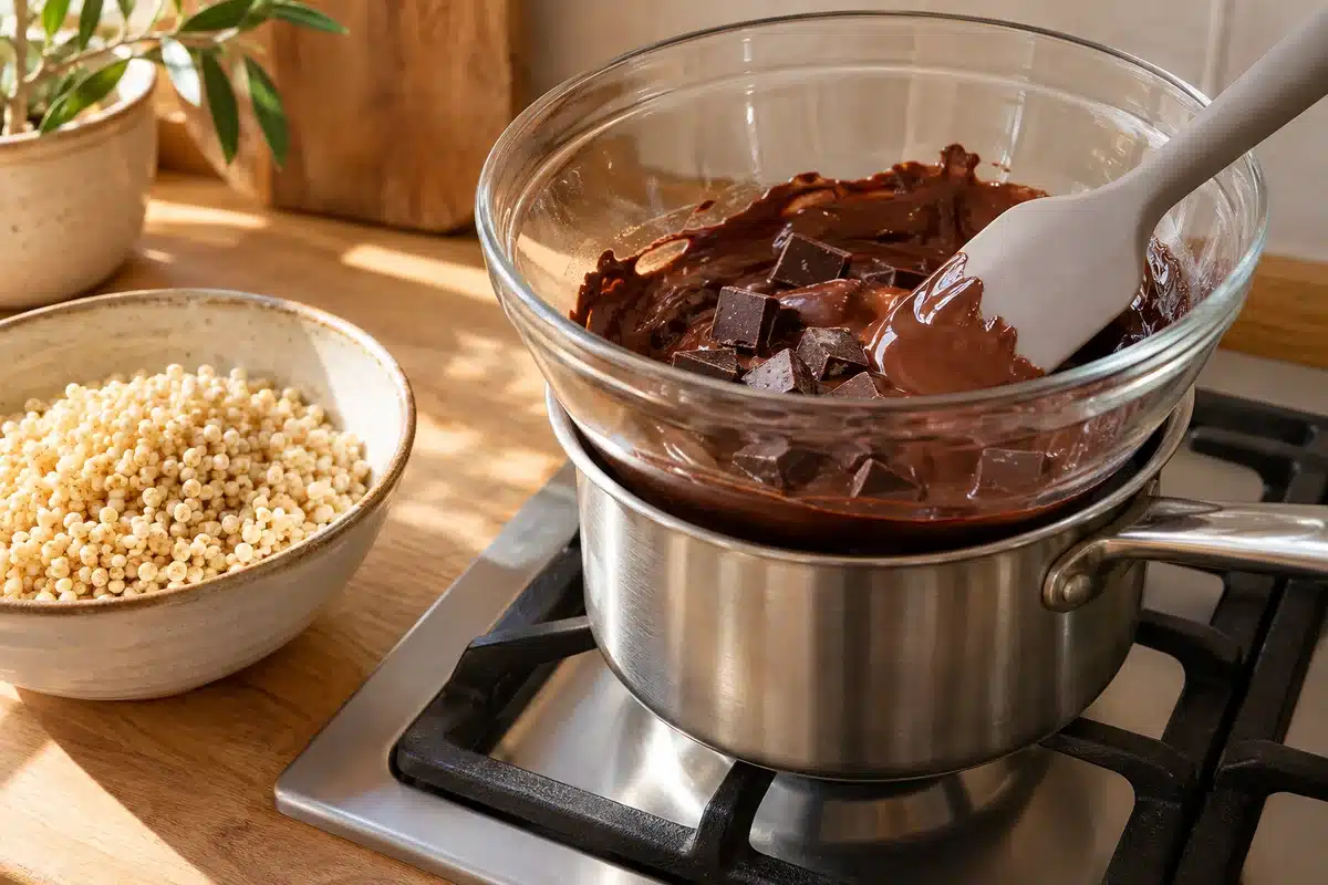Chocolate negro derritiéndose suavemente al baño maría junto a quinoa inflada