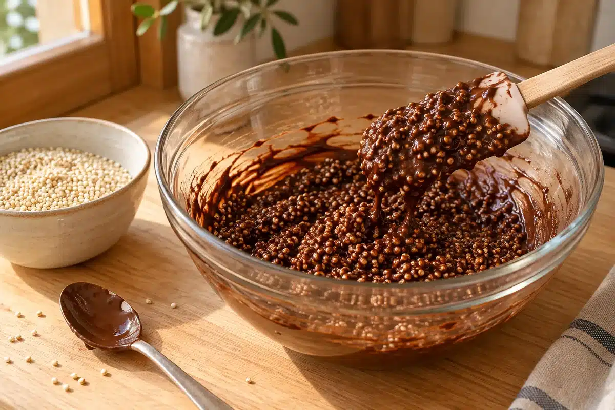 Quinoa inflada mezclada y cubierta uniformemente con chocolate negro