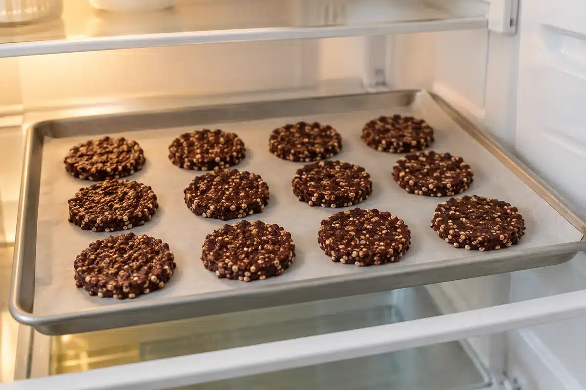 Discos de quinoa inflada y chocolate enfriándose en una bandeja en el frigorífico