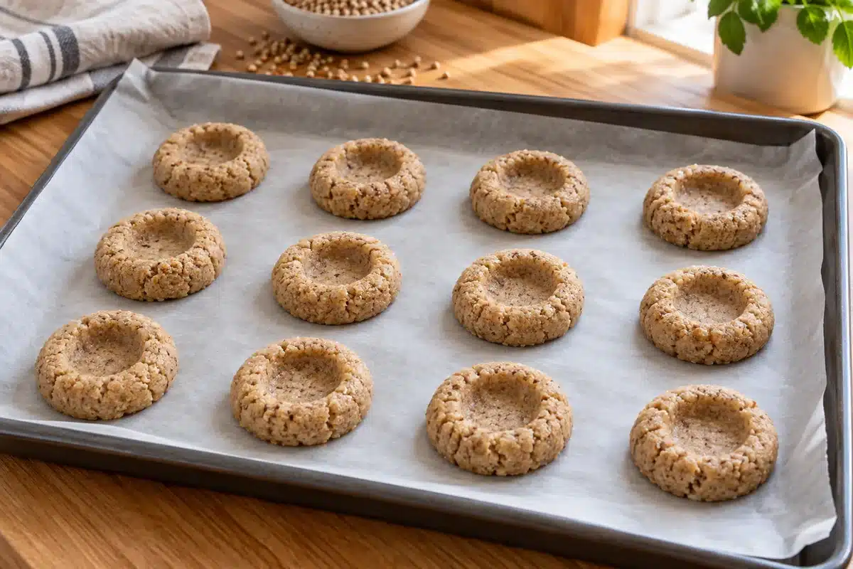 Galletas crudas de sarraceno con una hendidura central sin rellenar