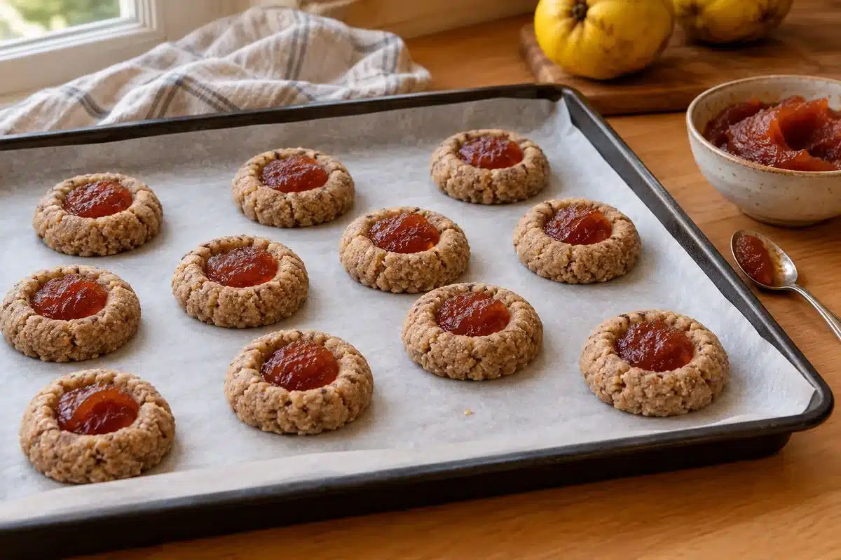 Hendiduras de las galletas rellenas de dulce de membrillo antes del horno