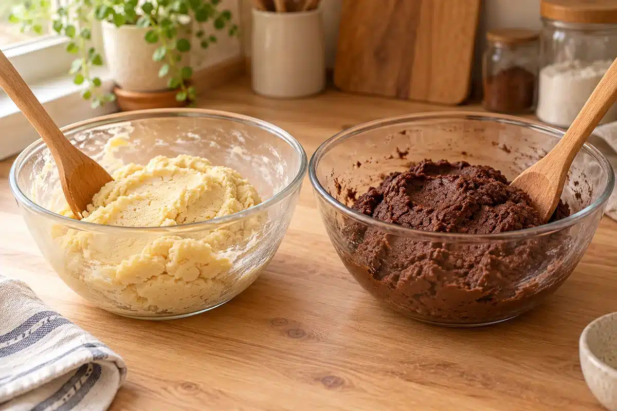 Dos porciones de masa para espirales, una de vainilla y otra de cacao