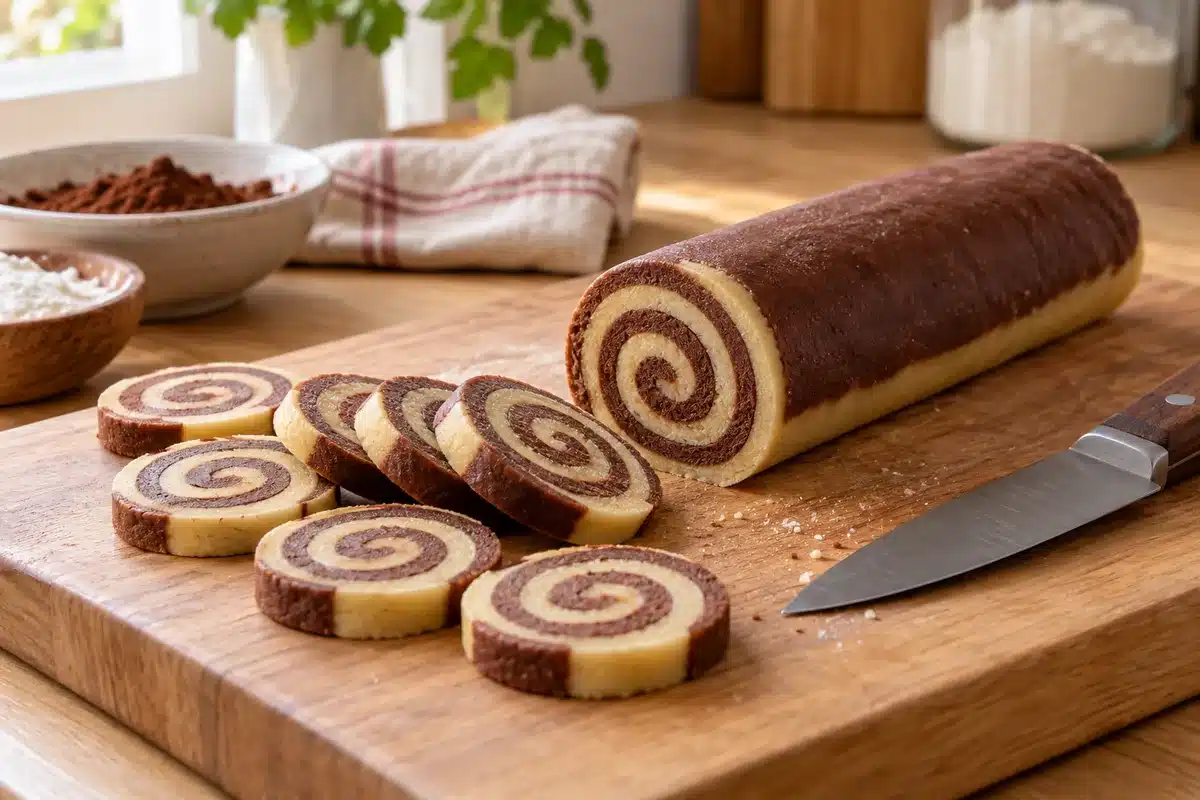 Cilindro bicolor frío cortado en discos con espiral de cacao y vainilla