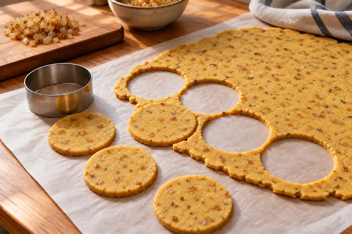 Masa de garbanzo y cebolla estirada y cortada en círculos