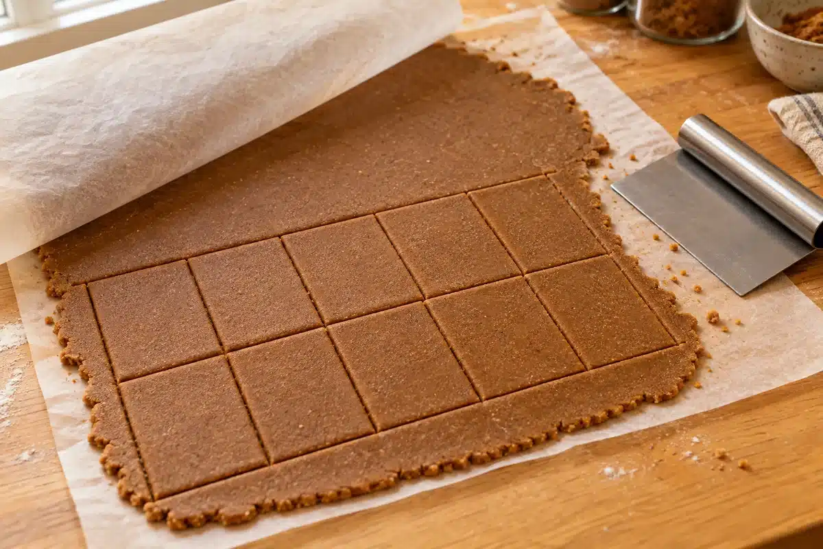 Masa de speculoos estirada fina y cortada en rectángulos