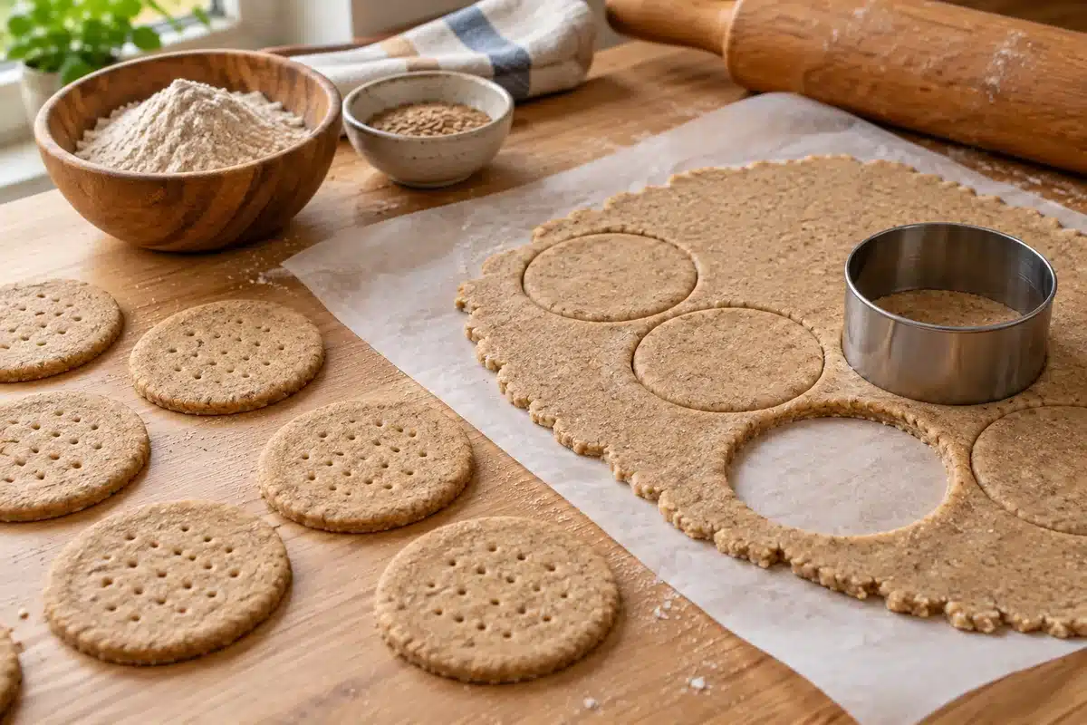 Discos de masa integral sin gluten cortados y pinchados antes del horneado