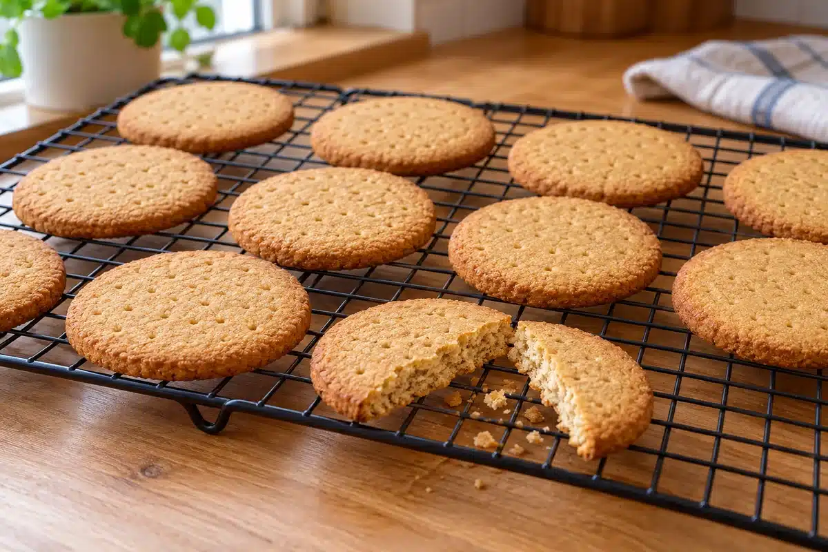 Galletas tipo Digestive recién horneadas enfriándose sobre una rejilla