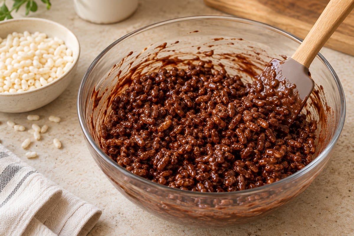Arroz inflado sin gluten cubierto con chocolate negro fundido