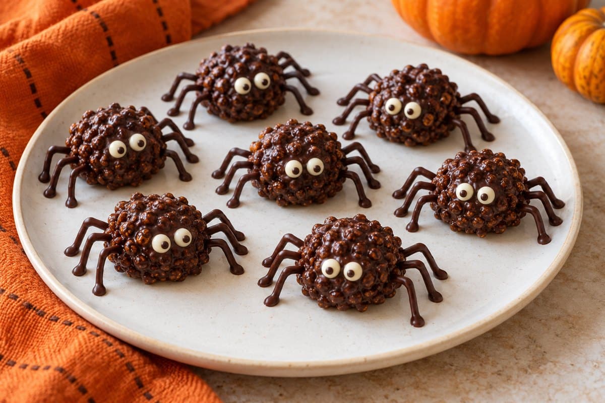 Arañas crujientes de arroz inflado y chocolate listas para Halloween