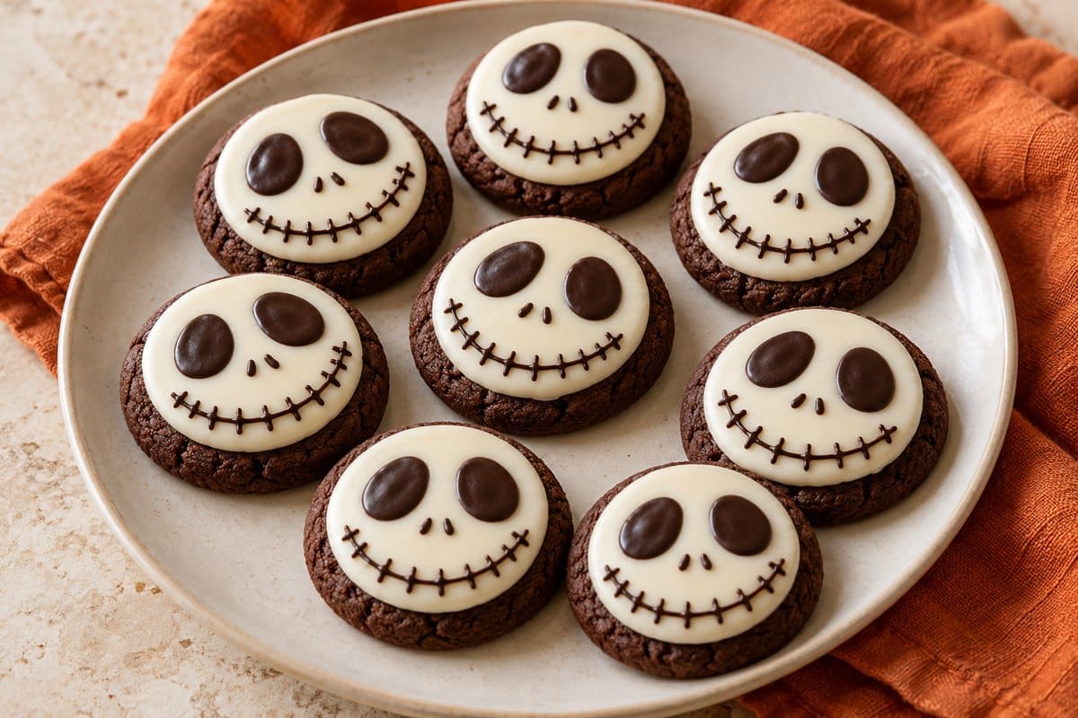 Galletas Jack Skellington con cara blanca y trazos de chocolate negro