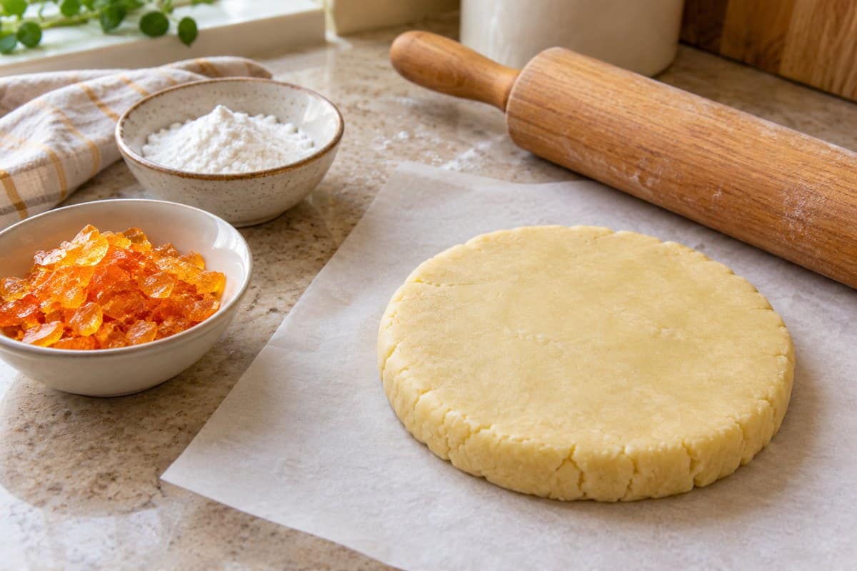 Masa de galletas sin gluten y caramelo naranja triturado separados