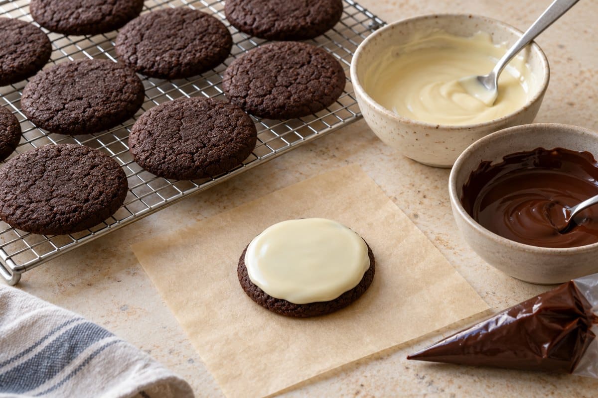 Galletas de cacao enfriándose junto a los chocolates para decorar
