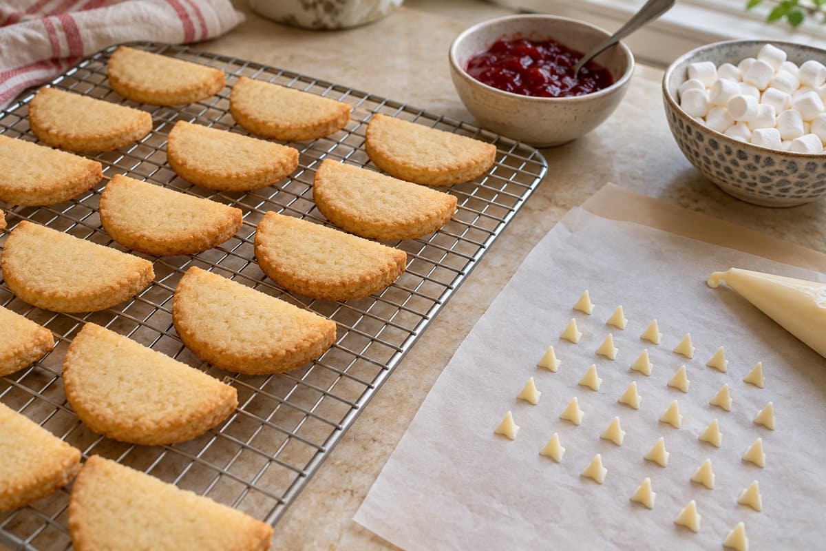 Galletas semicirculares horneadas y pequeños colmillos de chocolate blanco