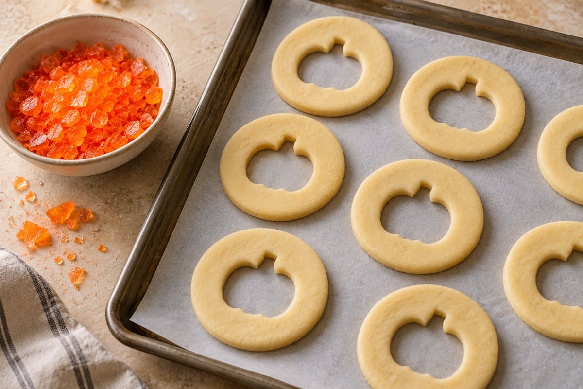 Galletas de masa cruda con pequeñas ventanas de calabaza vacías
