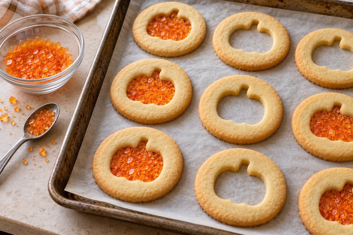 Ventanas de galleta parcialmente horneada rellenas con caramelo triturado