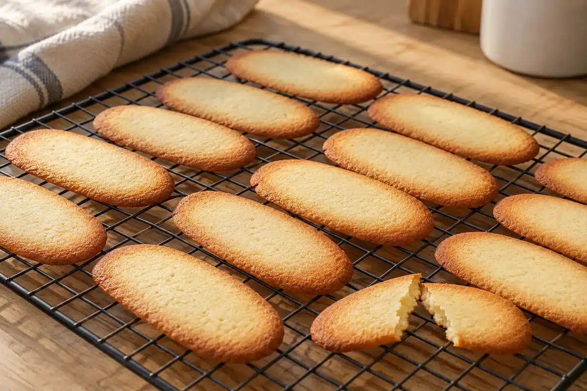 Lenguas de gato finas de bordes tostados enfriándose sobre una rejilla