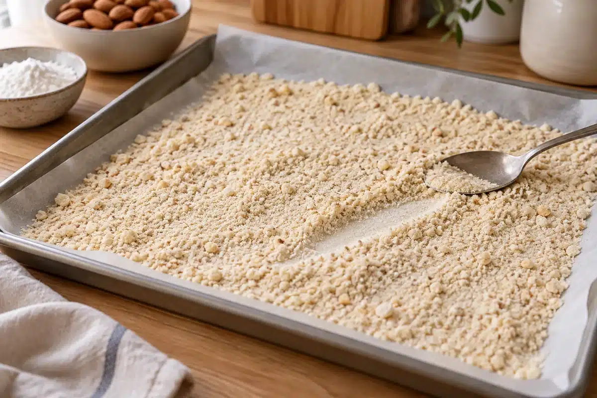 Harina de arroz y almendra molida tostadas suavemente en una bandeja