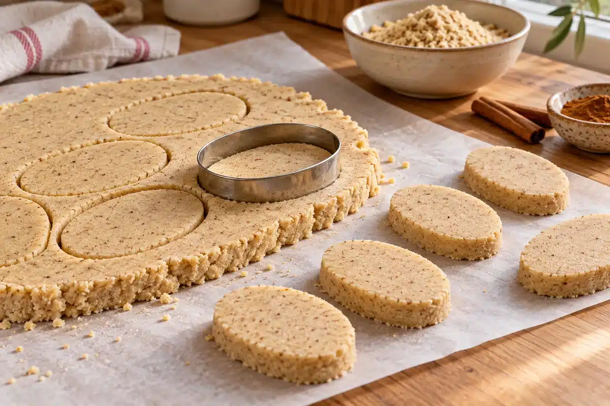 Masa compactada de polvorones de aceite de oliva cortada en óvalos