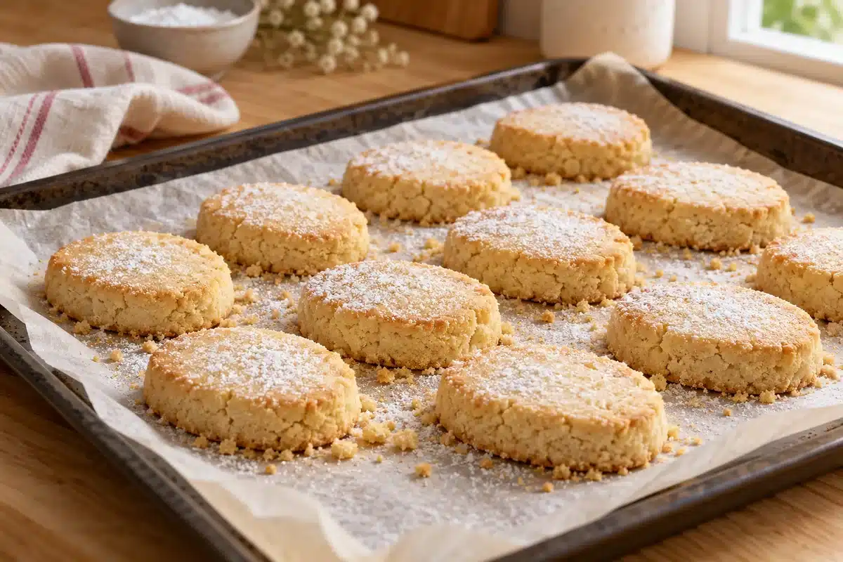 Polvorones de aceite de oliva recién horneados reposando en la bandeja