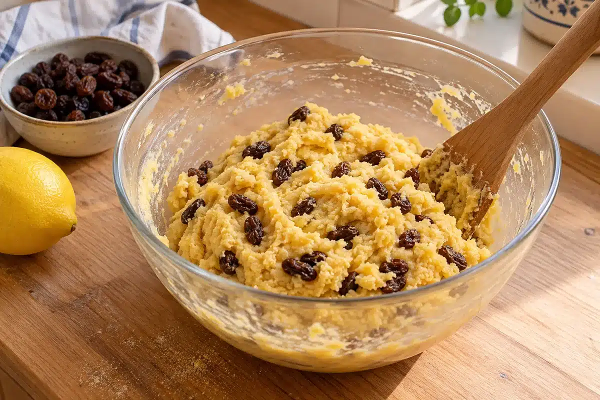 Masa amarilla de polenta fina con pasas escurridas incorporadas