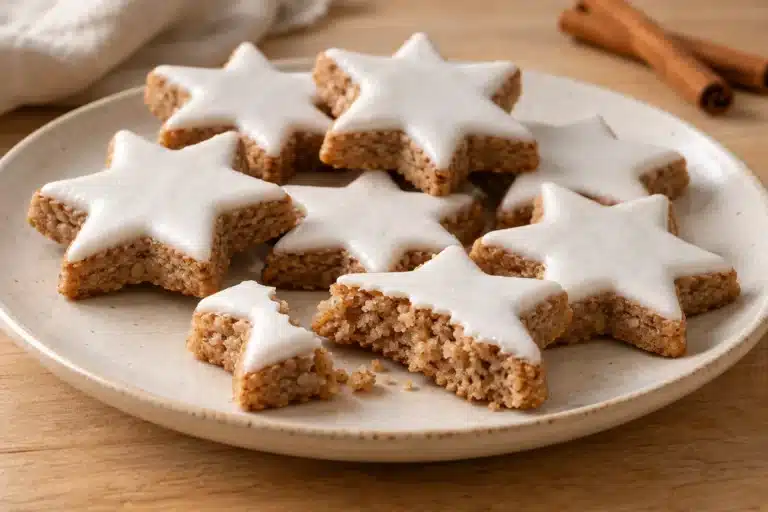 Zimtsterne sin gluten con cobertura blanca de merengue
