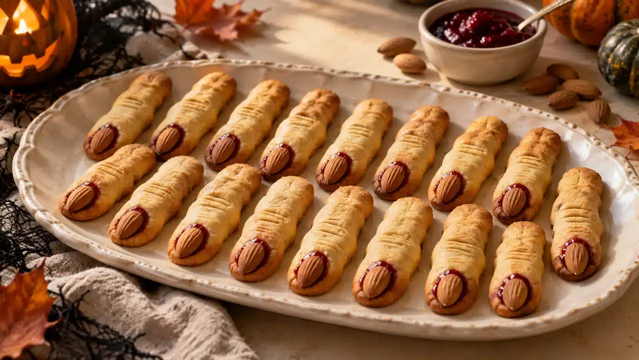 Dedos de bruja de galleta con uñas de almendra y mermelada