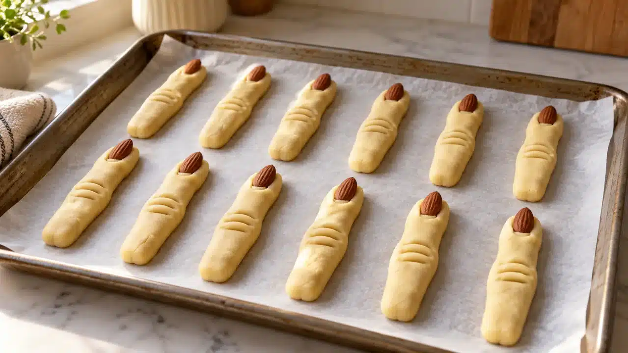 Dedos de masa con nudillos marcados y uñas de almendra antes de hornear