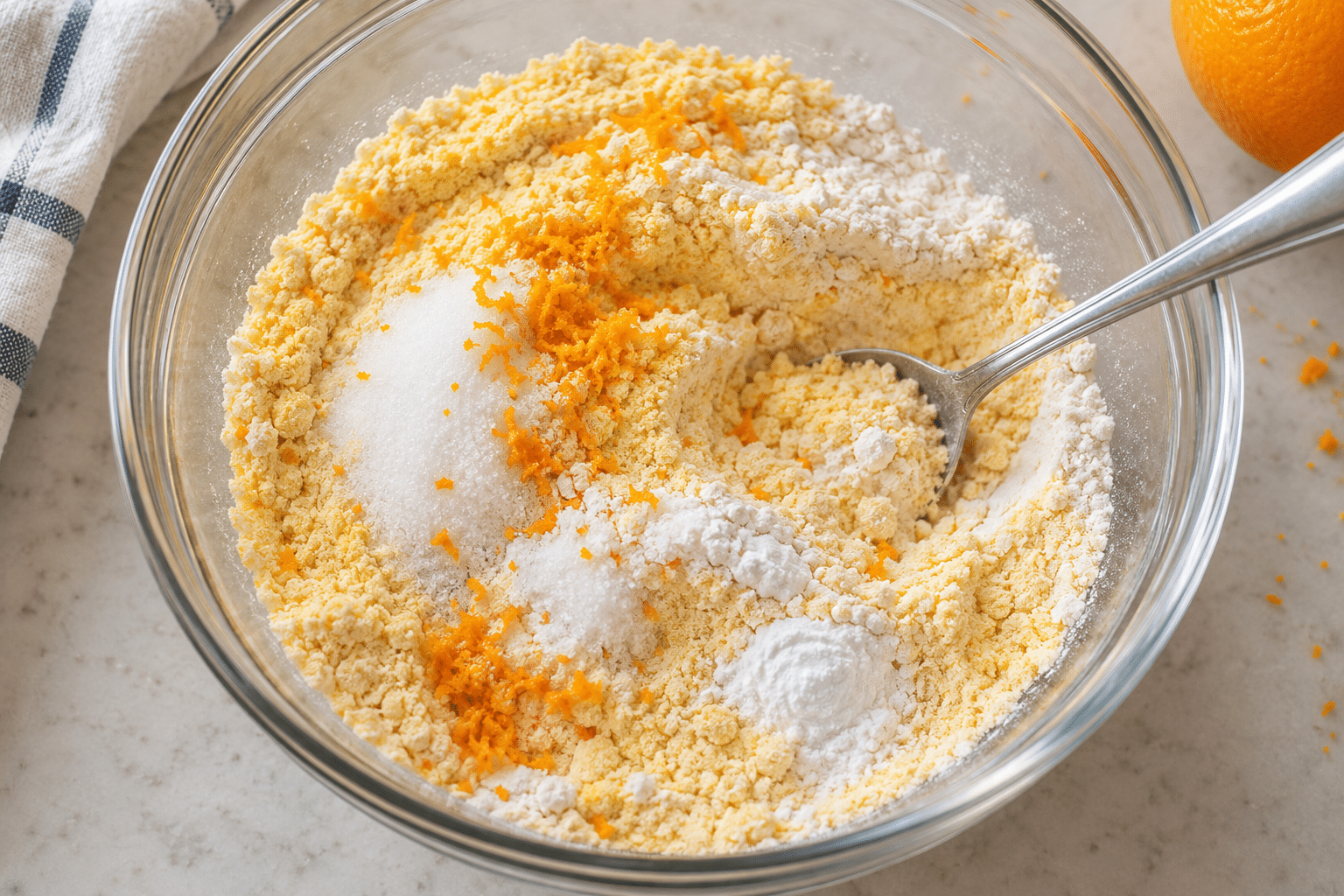 Mezcla de harinas sin gluten con azúcar y ralladura de naranja