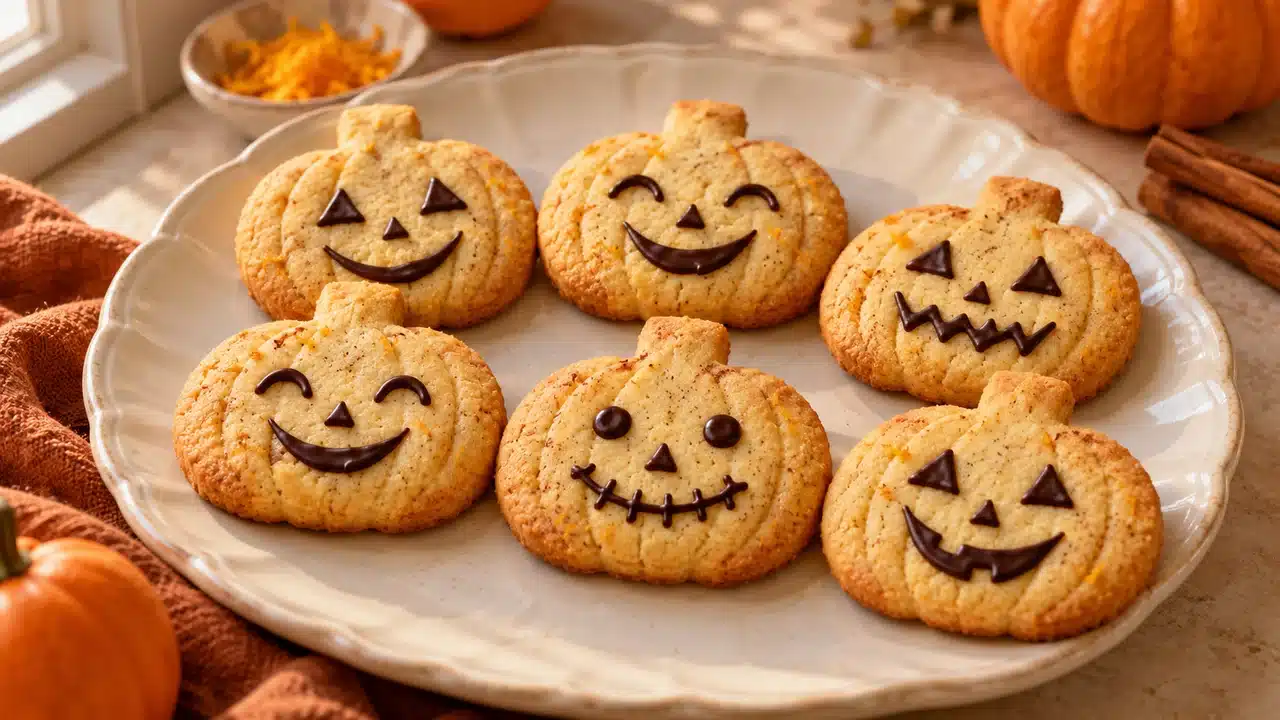 Galletas con forma de calabaza y caras de chocolate, de naranja y canela