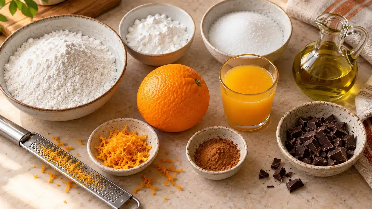 Ingredientes de la masa de naranja con aceite y chocolate para decorar