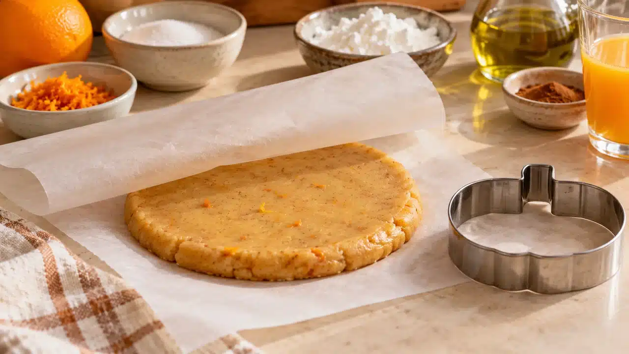 Disco de masa de naranja junto a un cortador de calabaza