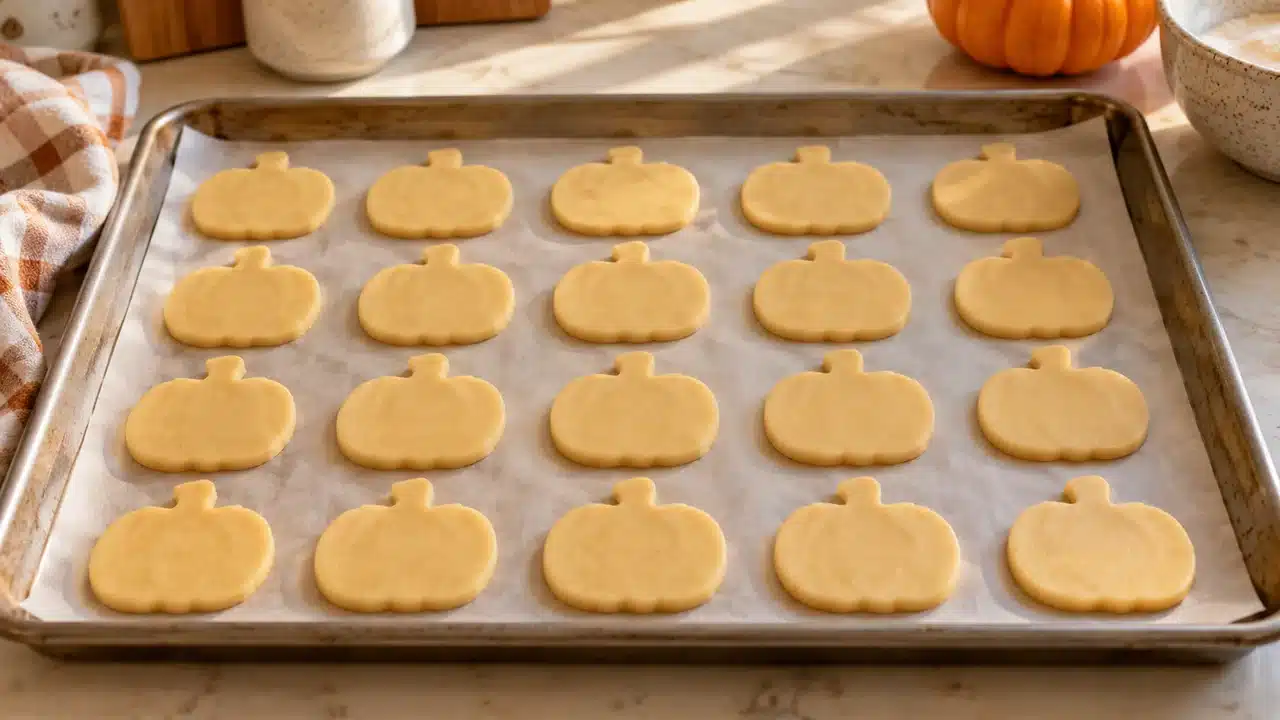Calabazas de masa antes de hornear en una bandeja forrada
